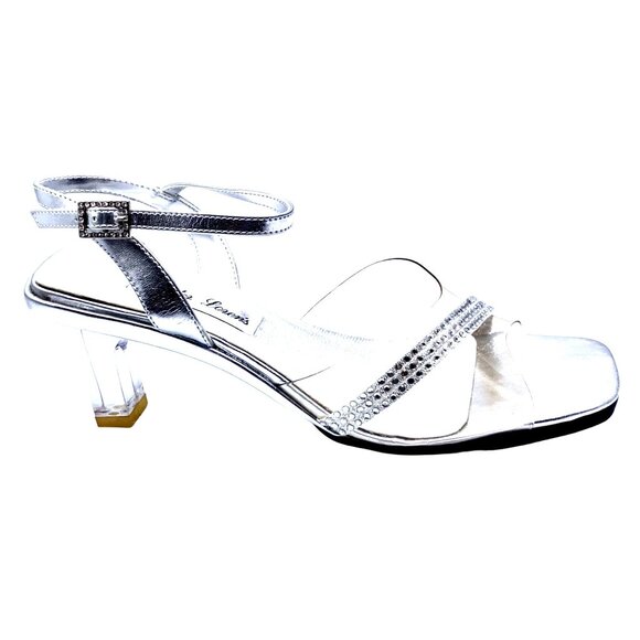Lucite Evening Sandals Rhinestone Accents Mid-Heel Size 9 Black Tie Prom Pageant - Picture 1 of 13